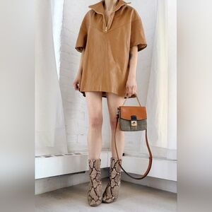 Tan Leather Short Sleeve Funnel Neck Mini Dress